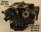 Picture of Y39-3 2 barrel Rochester marine carburetor with choke on top and two idle mixture screws
