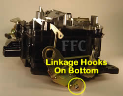 Picture of Y40-2E Rochester Quadrajet marine carburetor showing how throttle linkage hooks on bottom