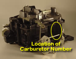 Picture of Y40-1E Rochester Quadrajet marine carburetor with location of carburetor number