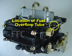 Picture of Y41-1ST four barrel Holley Model 4160 marine carburetor with location of fuel overflow tube