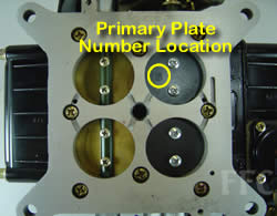 Picture of Y41-1ST four barrel Holley Model 4160 marine caburetor showing primary plate number location