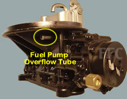 Picture of Y42-2F two barrel Holley 2300 marine carburetor with location of fuel pump overflow tube