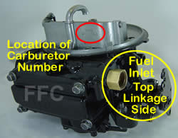 Picture of Y42-2ST two barrel Holley 2300 marine carburetor with location of fuel inlet and carburetor number