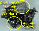 Picture of Y41-3 four barrel Holley Model 4175 650 CFM spread bore marine carburetor showing hot air choke and location of carburetor number
