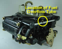 Picture of Y41 four barrel Holley Model 4160 marine carburetor with location of fuel overflow tube